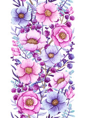 Seamless Border of Watercolor Pink, Blue and Violet Flowers