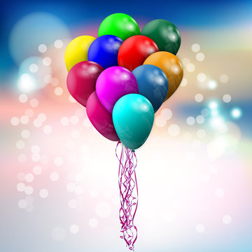 A large bundle of colored balloons flying into the air on a bright background. Vector illustration.