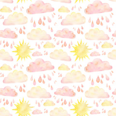 Watercolor seamless pattern with clouds, raindrops  and sun isolated on white. Children cute repeating background