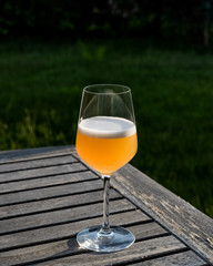 Bellini Cocktail made with peach in wine glass at garden
