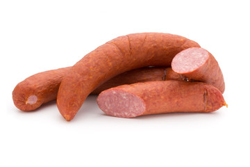 Smoked sausage on a white background.