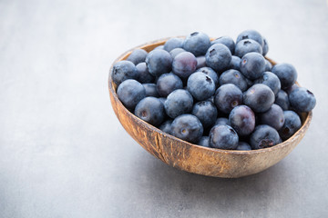 Fresh blueberries natural coconut in a bowl on a gray background.
