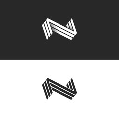 Letter N logo three NNN mark, isometric lines geometric shape black and white hipster emblem, identity 3D typography design element mockup. Perspective minimal style form with shadow.