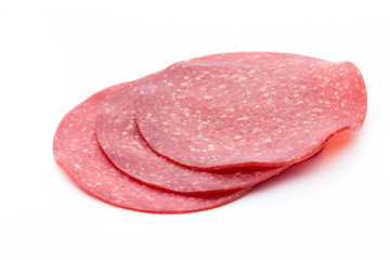 Salami smoked sausage one slice isolated on white background cutout.