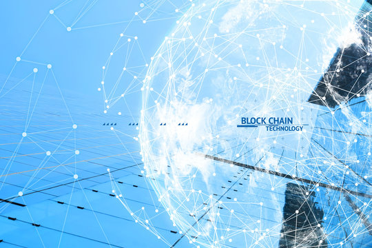 Fintech technology and Blockchain network concept , Distributed ledger technology connect wireframe and cloud globe furnished by NASA with blue building background and text. - Powered by Adobe
