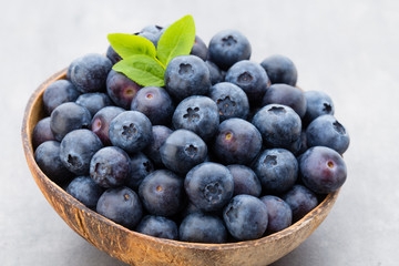 Fresh blueberries natural coconut in a bowl on a gray background.