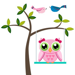 Owl on a tree swing with birds