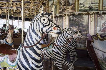 Fototapeta na wymiar Vintage restored carousel hand carved wooden zebras on a merry go round ride
