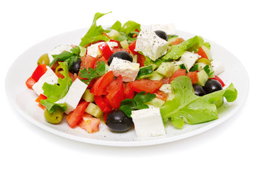 Greek Salad (Feta Cheese, Olive and Vegetables) isolated on white background