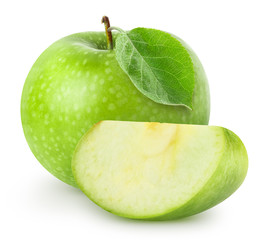 Isolated apple. Whole green apple fruit and a piece isolated on white background, with clipping path