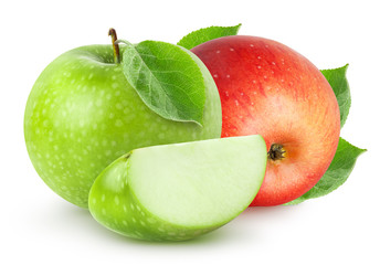 Isolated apples. Green and red apple fruit with a piece isolated on white background, with clipping path