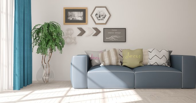 White modern room with blue sofa. Scandinavian interior design. 3D illustration