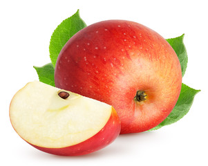 Isolated apples. Whole red apple fruit and a piece with leaves isolated on white, with clipping path