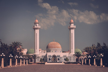 Fototapeta na wymiar Mausoleum of Habib Bourgiba in Monastir. Tunisia. Old photo style.