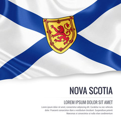 Canadian state Nova Scotia flag waving on an isolated white background. State name and the text area for your message.