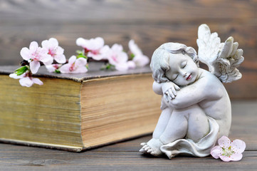 Angel guardian sleeping on wooden background