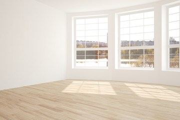 White empty room with urban landscape in window. Scandinavian interior design. 3D illustration