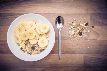healthy breakfast, muesli with bananas 