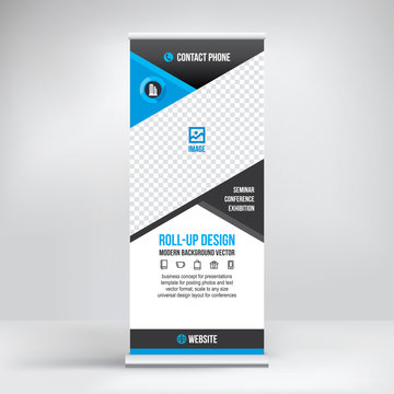 Banner roll-up design, business concept. Graphic template roll-up for 
exhibitions, banner for seminar, layout for placement of photos.
Universal stand for conference, promo banner vector.