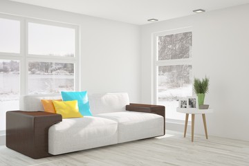 White modern room with sofa. Scandinavian interior design. 3D illustration