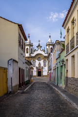 Street view of Sao Joao del Rei with Nossa Senhora do Carmo Church on backgound - Sao Joao Del Rei, Minas Gerais, Brazil