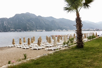 Sun loungers and covered umbrellas