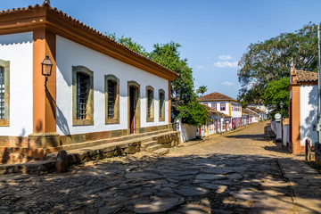 Street view of Sao Joao del Rei with Nossa Senhora do Carmo Church on backgound - Sao Joao Del Rei, Minas Gerais, Brazil
