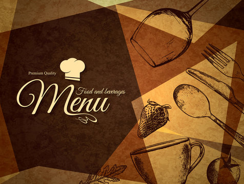 Restaurant menu design. Vector menu brochure template for cafe, coffee house, restaurant, bar. Food and drinks logotype symbol design. With a sketch pictures