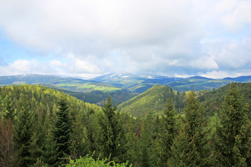 Fototapeta na wymiar View of the Julian Alps from Kranjska Gora in Slovenia 