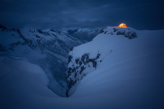 Scenic view of illuminated tent on Trappers Peak at night