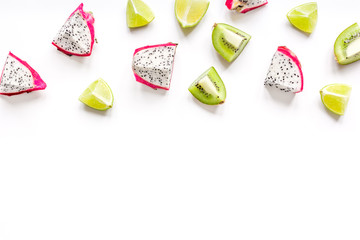 summer pattern with kiwi and pitaya white background top view mock up