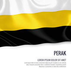 Perak flag. Flag of Malaysian state Perak waving on an isolated white background. State name and the text area for your message. 3D illustration.
