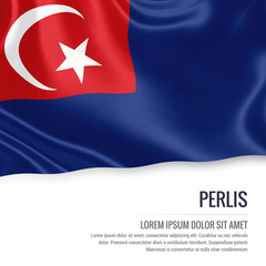 Perlis flag. Flag of Malaysian state Perlis waving on an isolated white background. State name and the text area for your message. 3D illustration.