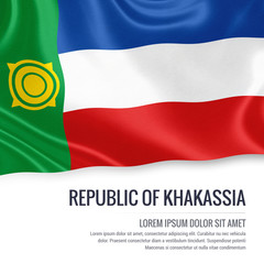 Russian state Republic of Khakassia flag waving on an isolated white background. State name and the text area for your message. 3D illustration.