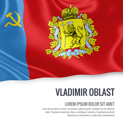 Russian state Vladimir Oblast flag waving on an isolated white background. State name and the text area for your message. 3D illustration.