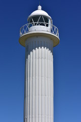 Top part of white lighthouse showing circular railing and glass panes protecting light source.