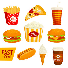 Fast food sandwich, drink, snack icon set
