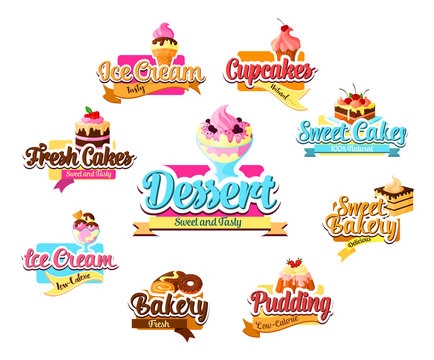 Bakery dessert, pastry and ice cream symbol set