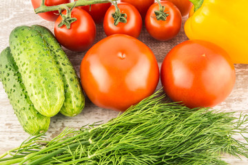 Cucumber, Cherry tomatoes, yellow bell pepper and dill. Vegetarian healthy food