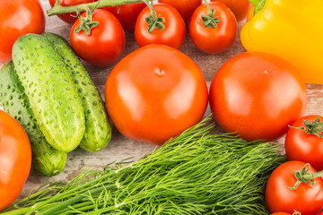 Cucumber, Cherry tomatoes, yellow bell pepper and dill. Vegetarian healthy food
