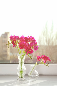 Vases with beautiful flowers on windowsill