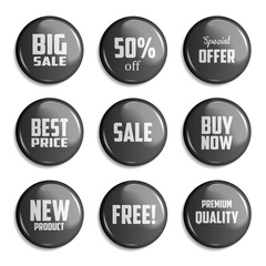 Set of glossy sale buttons or badges. Product promotions. Big sale, special offer, 50% off. Vector illustration