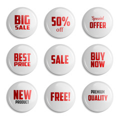 Set of glossy sale buttons or badges. Product promotions. Big sale, special offer, 50% off. Vector illustration