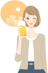ビールを飲む女性　人物　笑顔