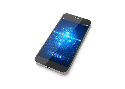 Mobile phone security application, Smartphone with finger scan on display. 3D Illustration