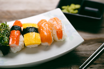 Closeup fresh and delicious maki and nigiri sushi