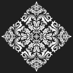 Oriental black and white square pattern with arabesques and floral elements. Traditional classic ornament