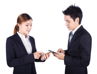 business man and woman using smartphone isolated on white