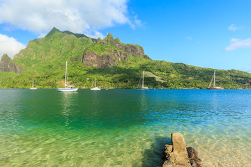 The Beautiful sea and sailing boats in Moorea Island at Tahiti PAPEETE, FRENCH POLYNESIA.