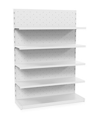 3D white blank empty showcase displays with retail shelves products on white background isolated.